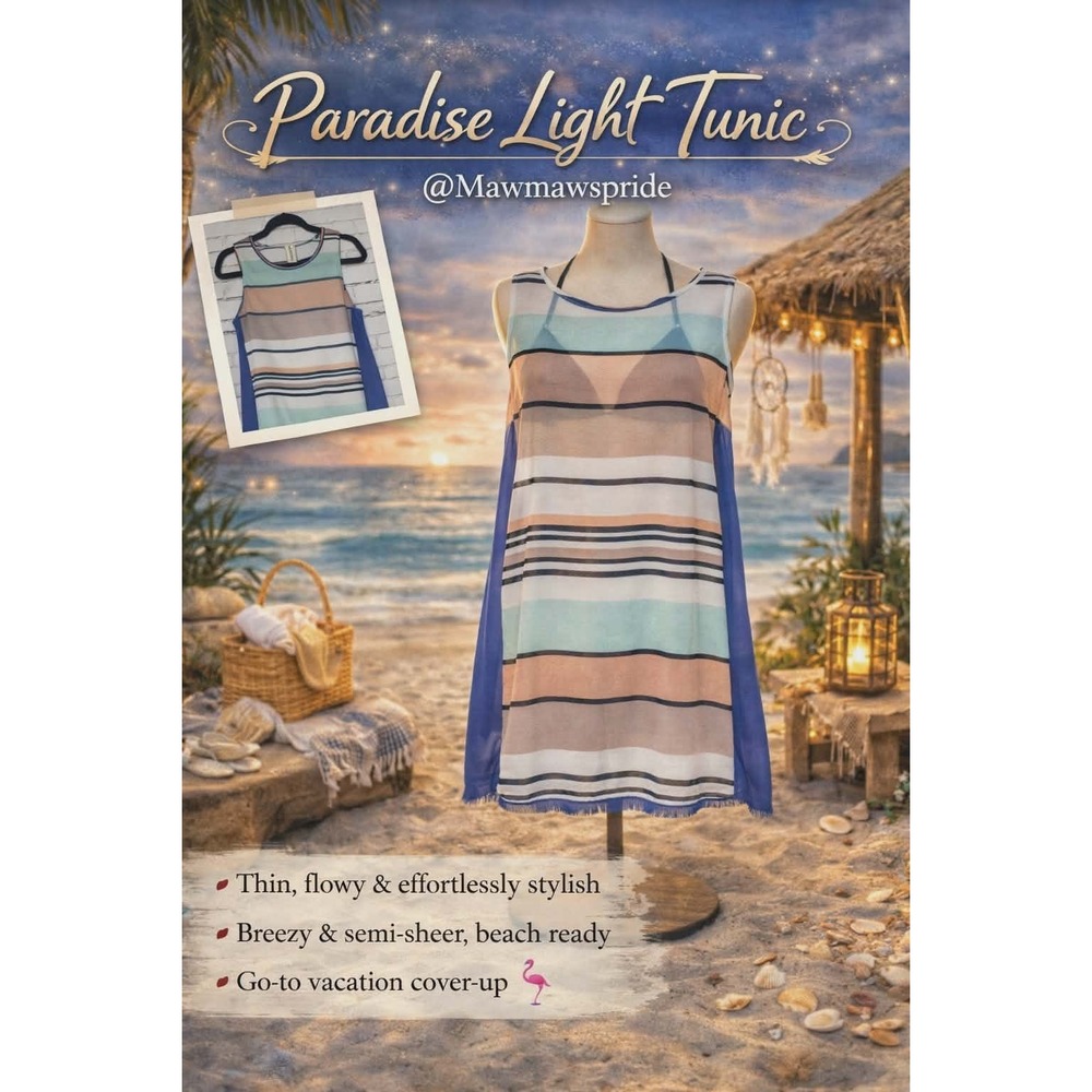 THML Paradise Light Tunic Striped Beach‎ Swim Cover Up Blue Mint Peach Small